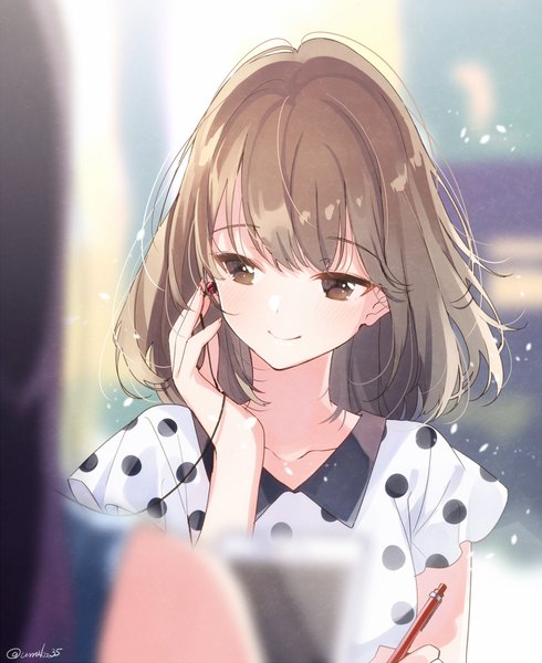 Anime picture 1280x1567 with original umiko (munemiu) long hair tall image blush fringe smile brown hair multiple girls brown eyes signed looking away upper body blurry short sleeves depth of field twitter username solo focus polka dot girl