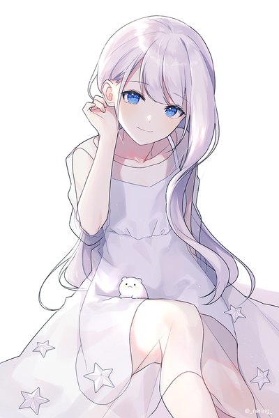 Anime picture 800x1200 with original silltare single long hair tall image looking at viewer fringe blue eyes simple background smile white background sitting signed payot white hair head tilt arm up twitter username star print hair tucking