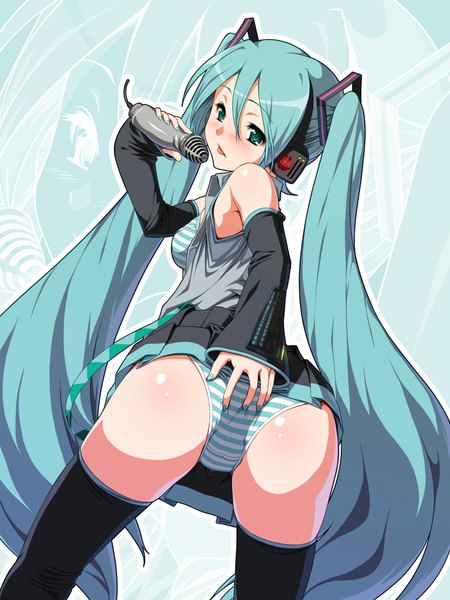 Anime picture 1500x2000 with vocaloid hatsune miku fugetsu taku single tall image blush open mouth light erotic twintails ass very long hair aqua eyes from behind aqua hair open clothes :p zoom layer ass grab girl thighhighs