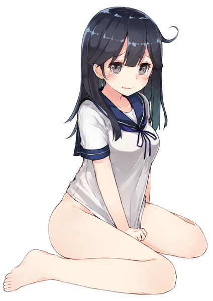 Anime picture 1060x1500 with kantai collection ushio destroyer kou mashiro single long hair tall image looking at viewer blush fringe breasts light erotic black hair simple background large breasts white background sitting brown eyes ahoge bent knee (knees) parted lips