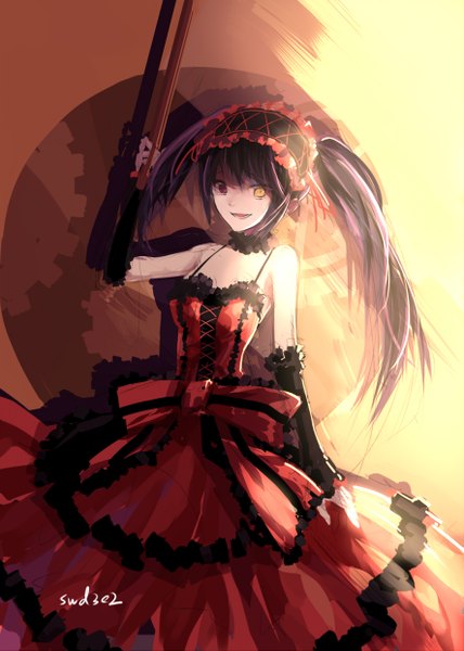 Anime picture 885x1239 with date a live tokisaki kurumi swd3e2 single long hair tall image looking at viewer fringe open mouth black hair smile red eyes bare shoulders yellow eyes sunlight heterochromia girl dress gloves bow