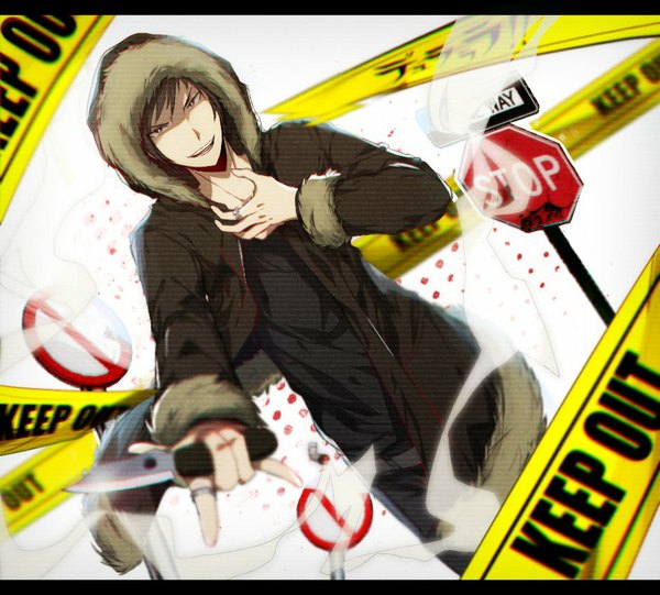 Anime picture 940x849 with durarara!! brains base (studio) orihara izaya neinei single looking at viewer short hair open mouth black hair smile black eyes open jacket outstretched arm smoke mmm boy weapon jacket fur hood