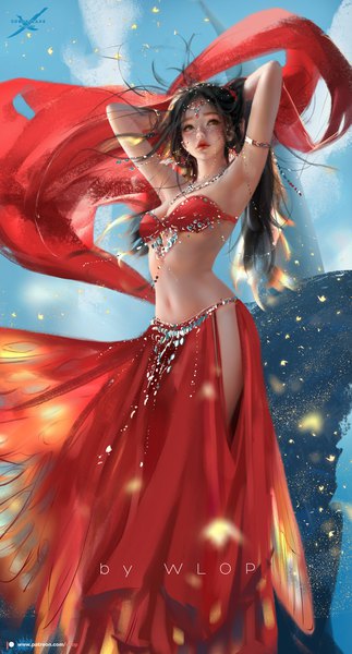 Anime picture 1179x2192 with ghost blade lylian (ghost blade) wlop single long hair tall image fringe breasts open mouth light erotic hair between eyes brown hair large breasts standing green eyes signed looking away sky cloud (clouds) outdoors