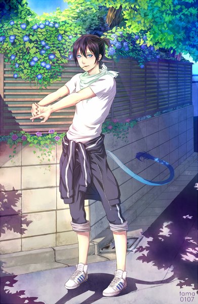 Anime picture 580x889 with noragami studio bones adidas yato (noragami) tama0107 single tall image looking at viewer fringe short hair blue eyes holding sky outdoors ponytail tail light smile sunlight shadow mouth hold