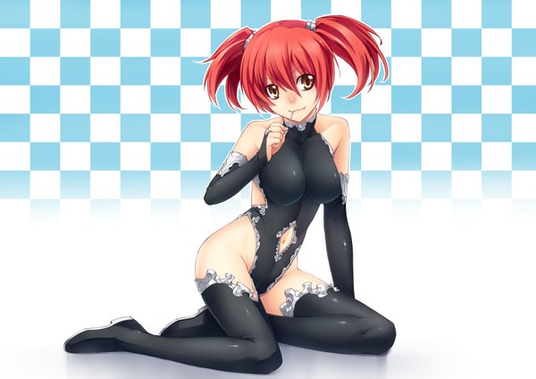 Anime picture 3508x2480 with original tsuki tokage single highres short hair breasts light erotic simple background twintails brown eyes absurdres red hair thighs mouth hold eating checkered background girl thighhighs gloves navel