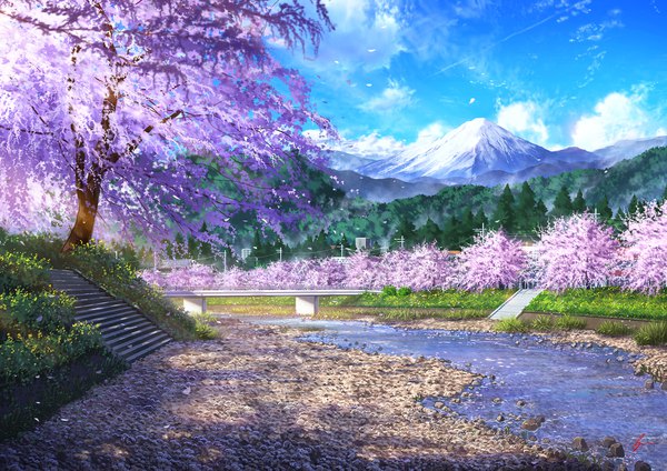 Anime picture 1920x1357 with original niko p highres signed sky cloud (clouds) outdoors cherry blossoms mountain no people landscape scenic stream flower (flowers) plant (plants) petals tree (trees) building (buildings) stairs bridge