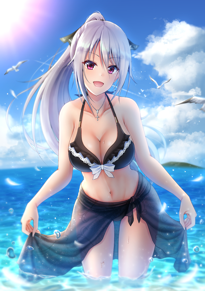 Anime picture 1150x1628 with original denpa (denpae29) single long hair tall image looking at viewer blush fringe breasts open mouth light erotic smile hair between eyes large breasts standing purple eyes bare shoulders payot sky cleavage
