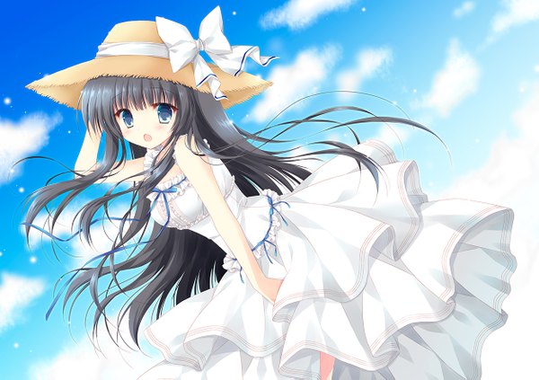 Anime picture 1254x885 with original hasekura chiaki single long hair looking at viewer blush fringe open mouth blue eyes black hair holding sky cloud (clouds) wind :o embarrassed sleeveless hand on head dress pull girl