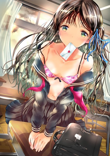 Anime picture 1736x2456 with original ogata tei single long hair tall image looking at viewer blush fringe highres breasts light erotic brown hair standing holding green eyes pleated skirt off shoulder open clothes dutch angle mouth hold