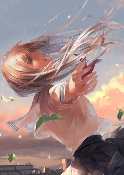 Anime picture 1132x1600 with original sousou (sousouworks) single long hair tall image brown hair sky cloud (clouds) outdoors eyes closed profile pleated skirt wind outstretched arm city cityscape girl skirt uniform serafuku