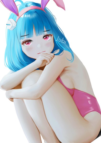 Anime picture 2480x3508 with original alpha (acerailgun) jubi (regiana) single tall image looking at viewer blush fringe highres short hair breasts light erotic simple background white background signed animal ears blue hair blunt bangs pink eyes bare legs