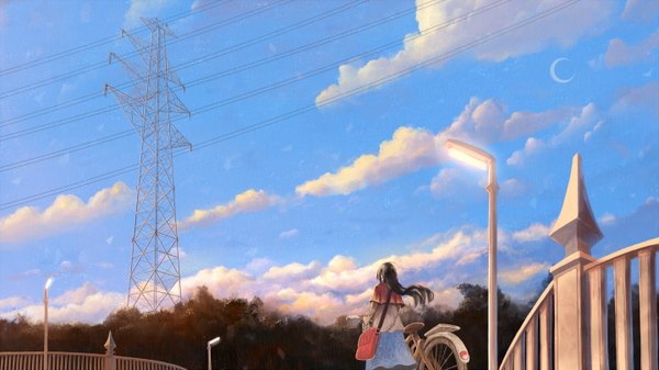Anime picture 1440x810 with original bounin single long hair black hair wide image sky cloud (clouds) crescent girl skirt plant (plants) tree (trees) moon cape bag ground vehicle lantern wire (wires) bridge