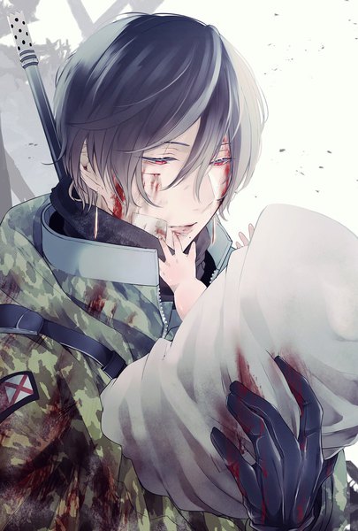 Anime picture 1378x2039 with original schwarz ashford zabeo0125 tall image fringe short hair black hair simple background hair between eyes red eyes white background holding upper body mole looking down mole under mouth blood on face bloody clothes military bandaid on face