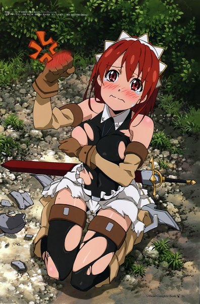 Anime picture 3857x5846 with seiken no blacksmith megami magazine cecily cambell igari takashi (artist) tall image blush highres light erotic red eyes absurdres red hair official art torn clothes crying girl thighhighs weapon fist torn thighhighs