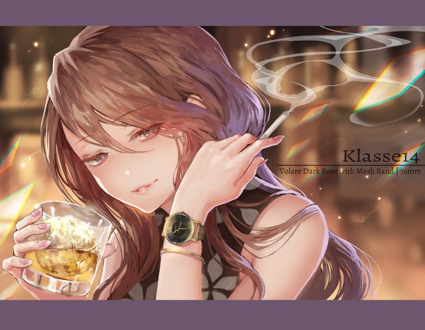 Anime picture 1228x957 with original klasse14 okuma mai single long hair looking at viewer blush fringe hair between eyes brown hair holding brown eyes upper body nail polish parted lips fingernails text letterboxed smoke pink nail polish