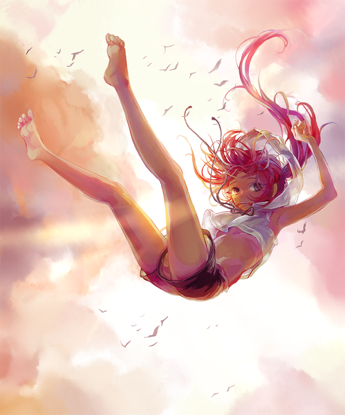 Anime picture 1300x1563 with original ggoorri single long hair tall image looking at viewer fringe light erotic pink hair sky cloud (clouds) ponytail pink eyes barefoot sunlight bare legs bare belly from below no shoes sunbeam