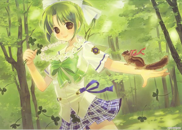Anime picture 3480x2500 with yoake mae yori ruri iro na august soft tooyama midori highres skirt ribbon (ribbons) bow tree (trees) forest clover (plant) squirrel