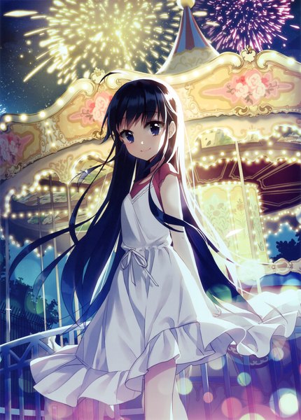 Anime picture 2237x3117 with original salt (salty) single long hair tall image looking at viewer fringe highres black hair smile standing purple eyes ahoge night night sky hands behind back glow fireworks girl dress