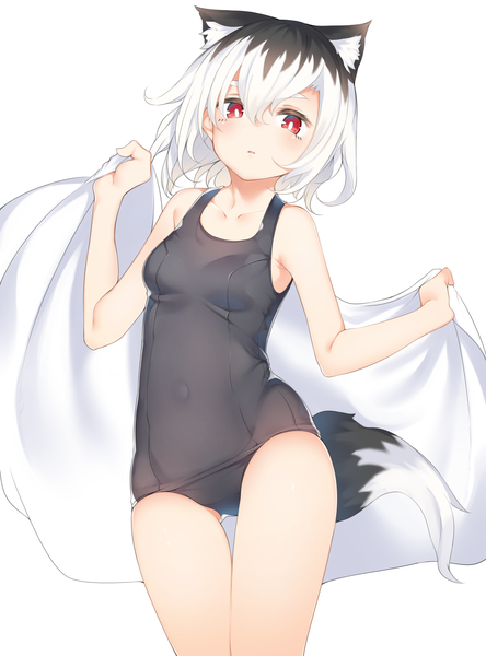 Anime picture 1110x1500 with original otokuyou single tall image looking at viewer fringe short hair breasts light erotic black hair simple background hair between eyes red eyes standing white background holding animal ears white hair tail parted lips
