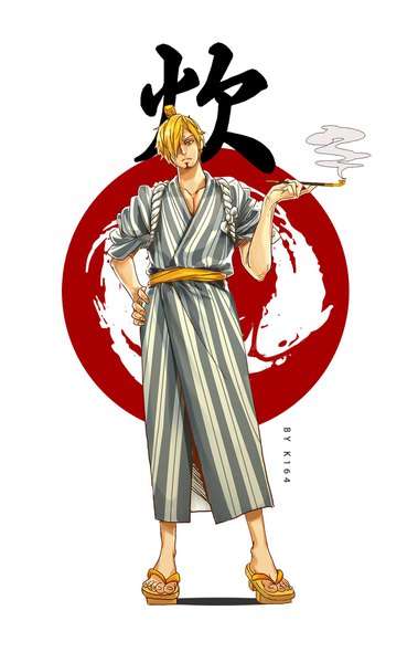 Anime picture 1300x2056 with one piece toei animation sanji k164 single tall image fringe short hair blonde hair simple background standing white background holding signed looking away full body traditional clothes japanese clothes hair over one eye hand on hip