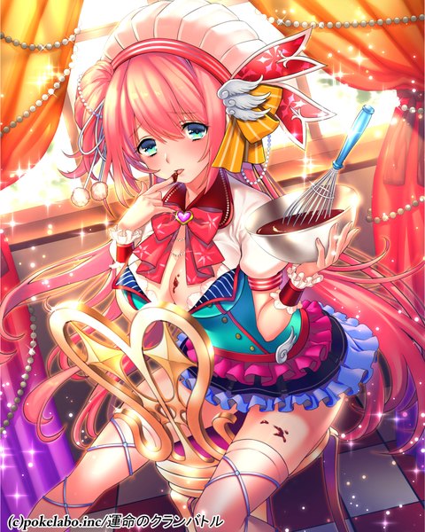 Anime picture 798x998 with fuji minako single long hair tall image looking at viewer blush blue eyes sitting pink hair finger to mouth valentine girl thighhighs dress white thighhighs food frills sweets chair chocolate