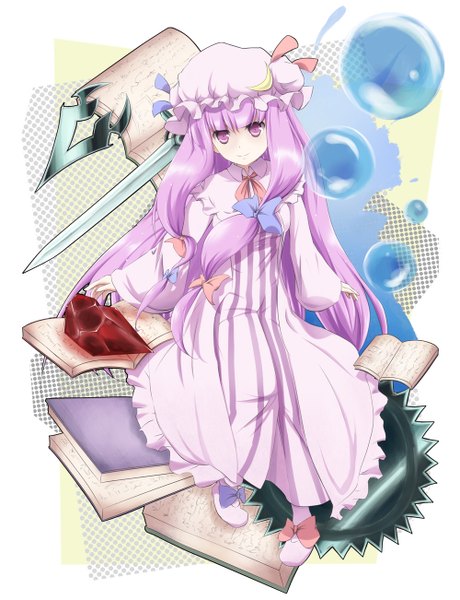 Anime picture 1000x1302 with touhou patchouli knowledge akinoemo single long hair tall image purple eyes purple hair girl dress bow hair bow book (books) bonnet crystal