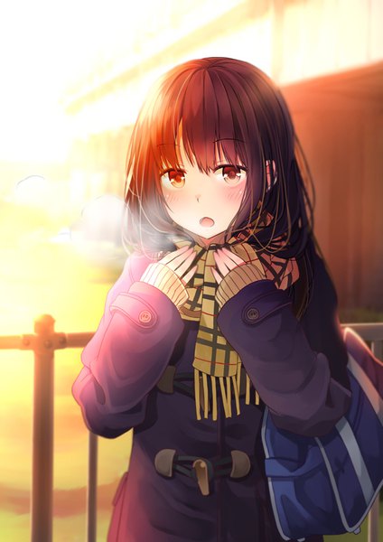 Anime picture 600x849 with original niichi (komorebi-palette) single long hair tall image looking at viewer blush fringe open mouth brown hair standing brown eyes sunlight depth of field sleeves past wrists exhalation steam cold girl uniform