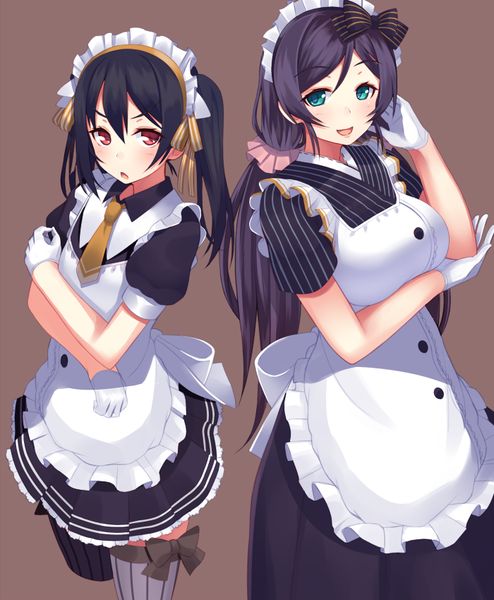 Anime picture 700x850 with love live! school idol project sunrise (studio) love live! yazawa nico toujou nozomi ponkotsu (ayarosu) long hair tall image looking at viewer blush breasts open mouth black hair simple background smile red eyes twintails aqua eyes maid low twintails
