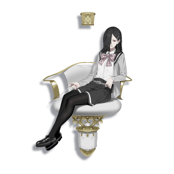 Anime picture 1024x1024 with caligula thorn (caligula) oguchi (sugimoto gang) single long hair looking at viewer fringe black hair red eyes sitting holding looking away full body bent knee (knees) nail polish light smile hair over one eye official art transparent background girl