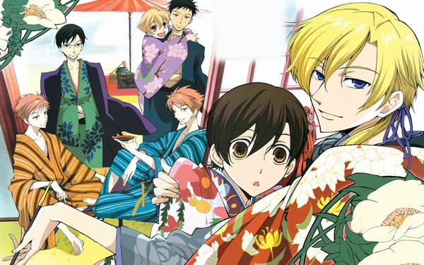 Anime picture 1920x1200 with ouran high school host club studio bones fujioka haruhi suou tamaki hitachiin kaoru hitachiin hikaru ootori kyouya haninozuka mitsukuni morinozuka takashi highres wide image