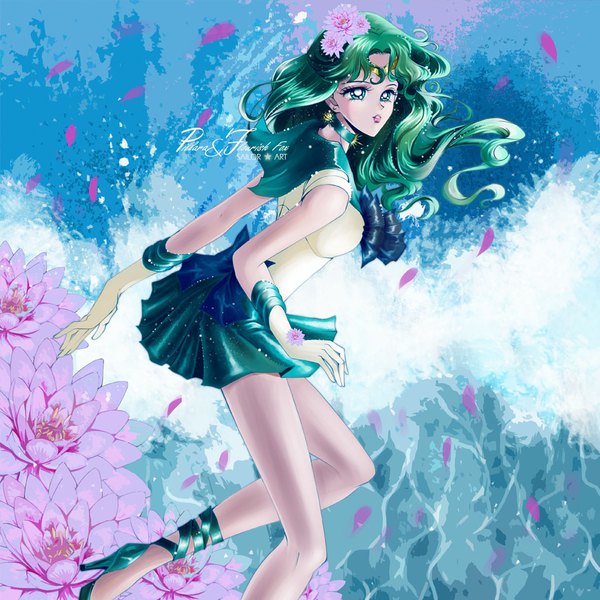 Anime picture 945x945 with bishoujo senshi sailor moon toei animation kaiou michiru sailor neptune pillara single long hair looking at viewer blush breasts bent knee (knees) parted lips pleated skirt hair flower aqua eyes green hair lips copyright name floating hair outstretched arm