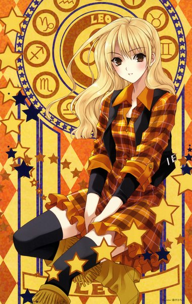 Anime picture 1266x2000 with original suzuhira hiro single long hair tall image looking at viewer blush open mouth blonde hair smile sitting brown eyes braid (braids) scan plaid zodiac leo (zodiac) girl thighhighs dress