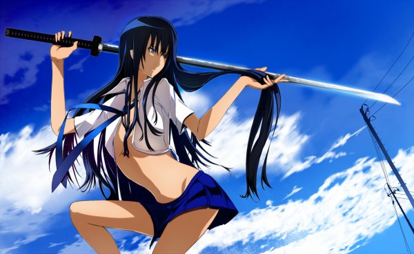 Anime picture 1200x737 with original shin (anbqqcb) tav noir single long hair blue eyes light erotic wide image blue hair sky cloud (clouds) pleated skirt open clothes midriff girl navel weapon miniskirt sword necktie