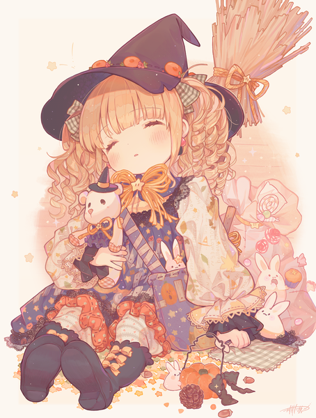 Anime picture 2350x3108 with original amakawa tamawo single long hair tall image fringe highres blonde hair sitting blunt bangs eyes closed long sleeves parted lips puffy sleeves drill hair soles frilled dress sleeping cute girl