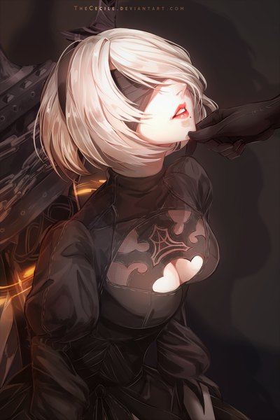 Anime picture 900x1350 with nier nier:automata yorha no. 2 type b the cecile tall image fringe short hair breasts light erotic simple background signed cleavage silver hair parted lips lips mole shadow puffy sleeves lipstick solo focus