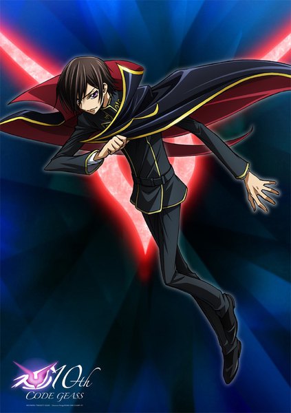 Anime picture 640x907 with code geass sunrise (studio) lelouch lamperouge single tall image looking at viewer short hair brown hair purple eyes full body bent knee (knees) long sleeves official art copyright name blue background serious weightlessness boy uniform school uniform