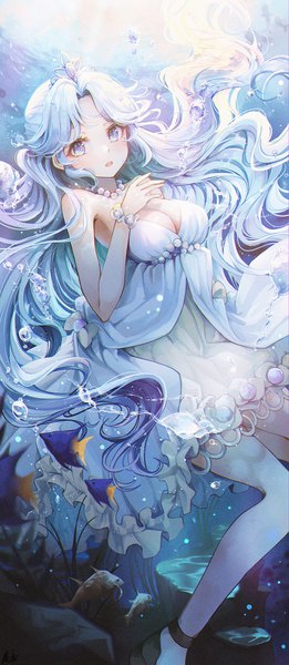 Anime picture 1000x2300 with original pistachiocream single long hair tall image looking at viewer blush fringe breasts open mouth blue eyes large breasts bare shoulders payot blue hair cleavage bent knee (knees) mole mole under eye half updo