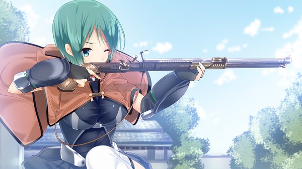 Anime picture 1280x720 with sengoku hime 5 single short hair blue eyes wide image blue hair game cg one eye closed wink girl thighhighs weapon white thighhighs gun cape rifle