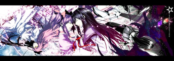 Anime picture 2833x1000 with mahou shoujo madoka magica shaft (studio) akemi homura kaname madoka kyuubee pizaya long hair highres open mouth black hair smile wide image twintails yellow eyes pink hair eyes closed profile from behind inscription tears