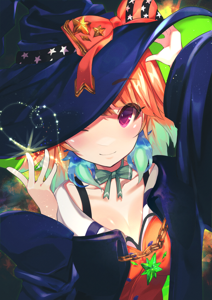 Anime picture 1505x2128 with virtual youtuber hololive hololive english takanashi kiara nerutora single tall image looking at viewer blush short hair smile upper body pink eyes one eye closed multicolored hair orange hair two-tone hair magic halloween girl