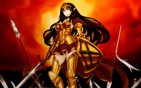 Anime picture 2560x1600 with queen's blade annelotte single long hair highres red eyes brown hair wide image standing pointy ears girl weapon sword armor spear shield