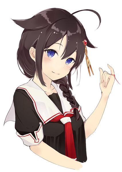Anime picture 696x980 with kantai collection shigure destroyer unajuu (set mk) single long hair tall image looking at viewer blush fringe blue eyes black hair simple background hair between eyes white background upper body ahoge braid (braids) light smile single braid portrait
