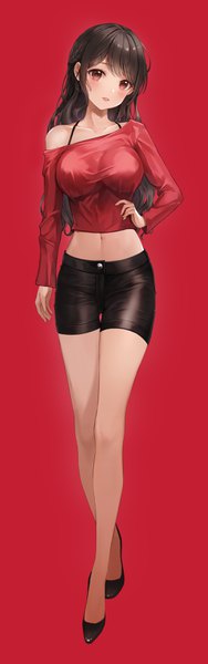 Anime picture 1103x3512 with original lunacle single long hair tall image looking at viewer blush breasts light erotic black hair simple background red eyes large breasts standing full body long sleeves parted lips head tilt off shoulder midriff