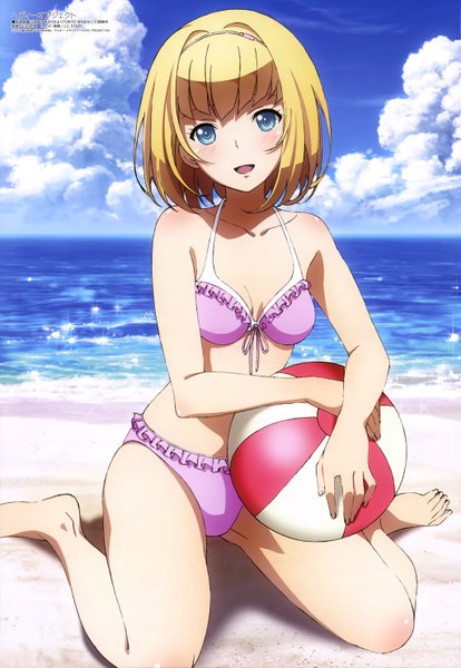 Anime picture 4089x5928 with heavy object j.c. staff megami magazine milinda brantini yamaguchi anna single tall image looking at viewer blush highres short hair open mouth blue eyes light erotic blonde hair smile absurdres sky cloud (clouds) official art
