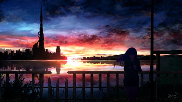 Anime picture 1920x1080 with original kumeki (kk4615) single long hair highres wide image standing holding signed sky cloud (clouds) outdoors long sleeves wind sunlight city evening reflection sunset river