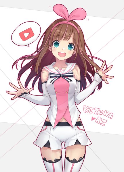 Anime picture 1000x1390 with virtual youtuber a.i. channel kizuna ai achan (blue semi) single long hair tall image looking at viewer open mouth brown hair head tilt multicolored hair aqua eyes two-tone hair teeth zettai ryouiki streaked hair character names spread arms sailor collar