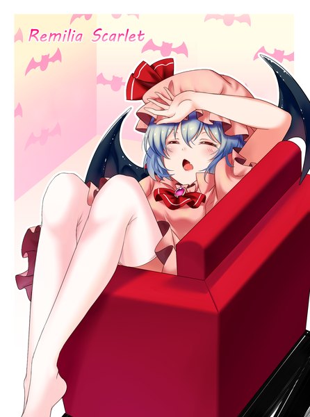 Anime picture 1476x1986 with touhou remilia scarlet koissa single tall image fringe short hair open mouth hair between eyes blue hair lying eyes closed short sleeves on back fang (fangs) no shoes puffy sleeves character names hand on head sleeping