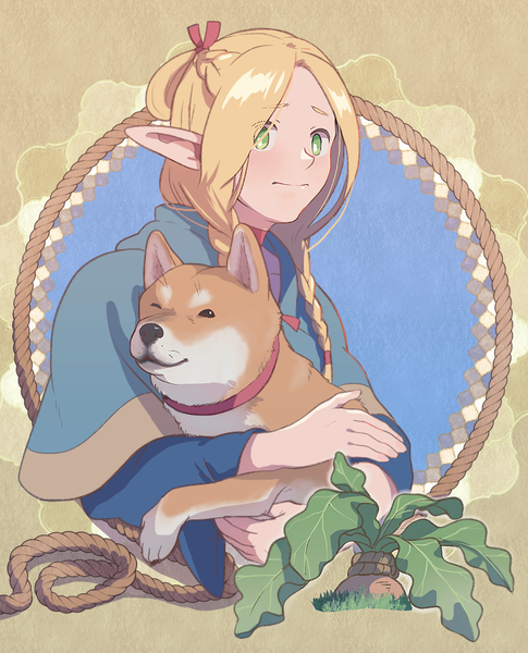Anime picture 728x900 with dungeon meshi studio trigger marcille donato b-saku single long hair tall image looking at viewer blonde hair green eyes upper body braid (braids) pointy ears twin braids shiba inu girl plant (plants) animal dog rope