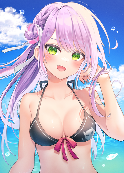 Anime picture 1488x2088 with virtual youtuber hololive tokoyami towa ruima single long hair tall image looking at viewer blush fringe breasts open mouth light erotic smile green eyes sky purple hair cloud (clouds) upper body outdoors
