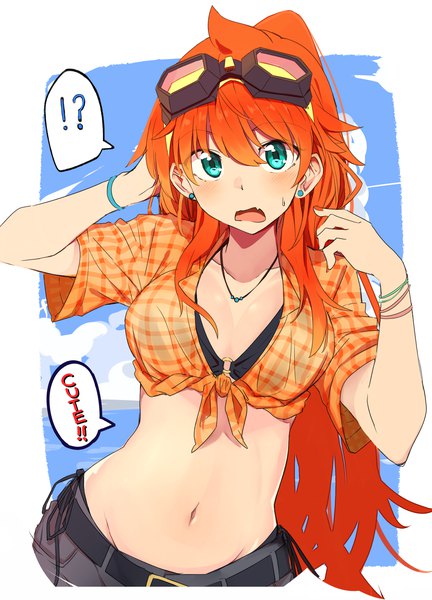 Anime picture 1934x2687 with original amano tora kazenoko single long hair tall image looking at viewer blush fringe highres breasts blue eyes light erotic hair between eyes cleavage fingernails orange hair short sleeves midriff hand on head